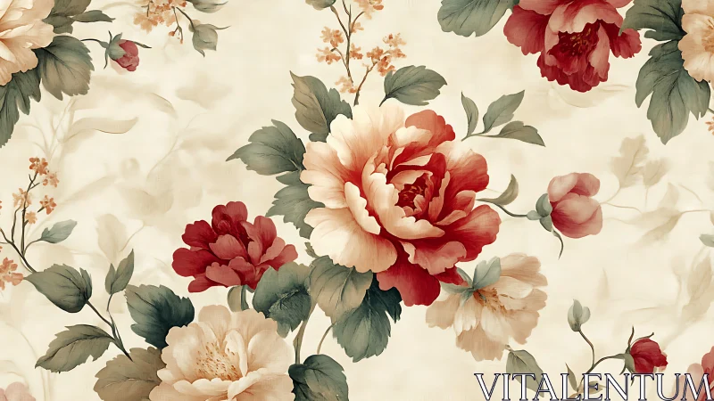 Romantic Peony Garden Pattern in Red and Cream.