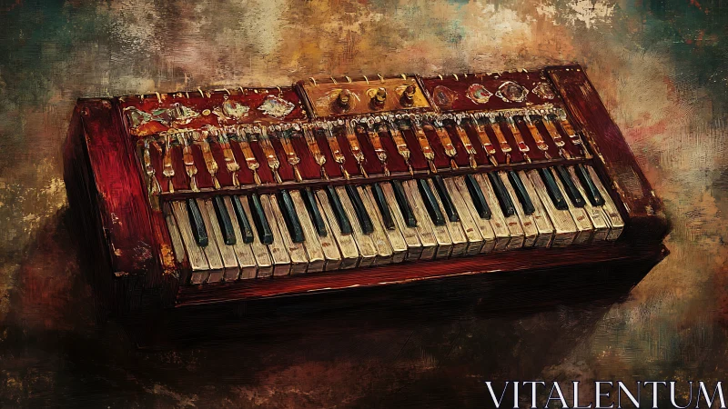 Weathered harmonium dreams under painterly amber light.