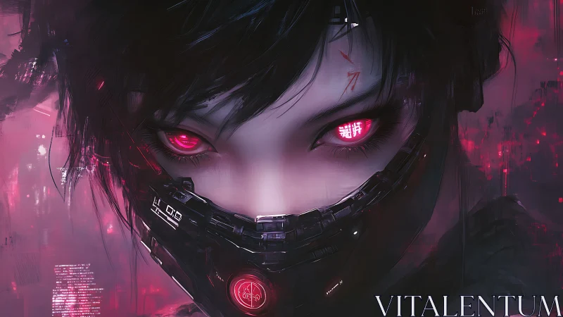 Cyberpunk masked girl with neon eyes in dark cityscape.
