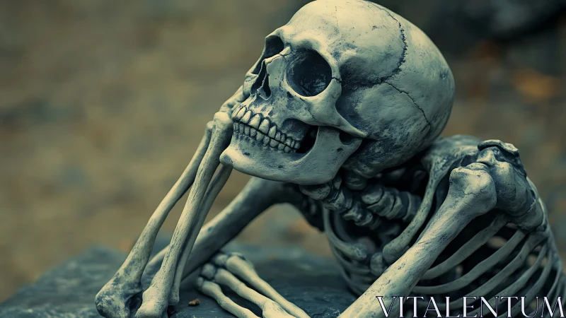 Human skeleton model in reclining pose on stone surface.