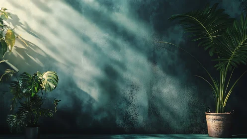 Gentle morning light over lush indoor potted plants.