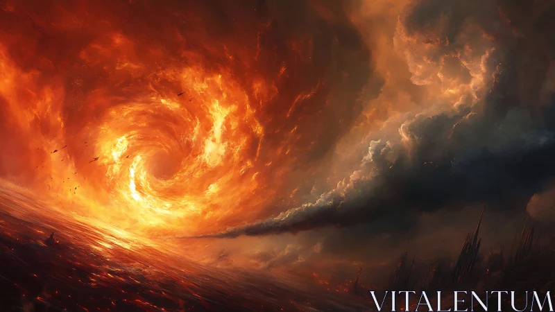 Apocalyptic Firestorm: Celestial Vortex Engulfs the Darkening Landscape
