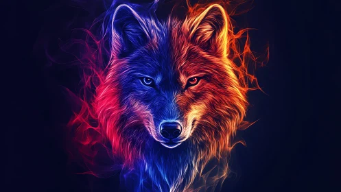 Twin-flame cyberwolf gazes through neon dusk and ember glow