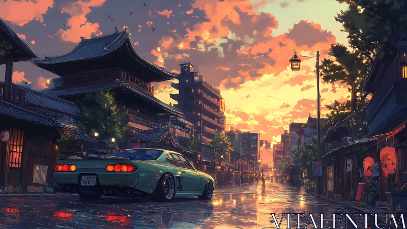 Street racer under neon sunset in old Japanese district.