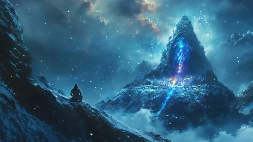 Snowbound mountain landscape shows luminous central energy fissure