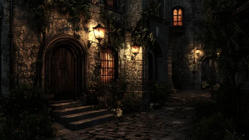 Lanternlit stone alley quietly rehearses midnight fairy tales