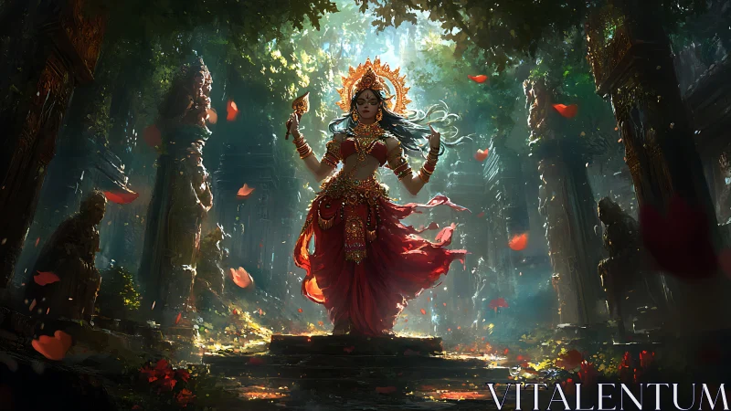 Mystic temple dancer commands light in overgrown ruins