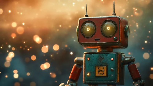 Retro-styled bokeh-lit toy robot with glossy metal chassis