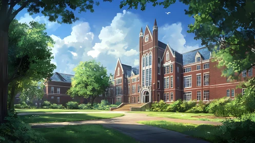 Collegiate redbrick campus under luminous summer daylight.