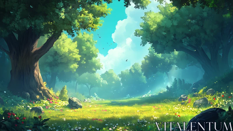 Enchanted Forest Clearing Where Light Dances Through Ancient Trees.