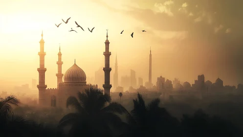 Sunlit mosque skyline with birds over misty modern city.