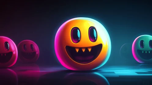 Neon monster emoji orbs glowing in dark synthwave void.