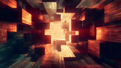 Abstract geometric interior with glowing cubes in digital art style.