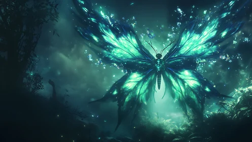 Glowing forest butterfly spreading luminous dreamlike wings.