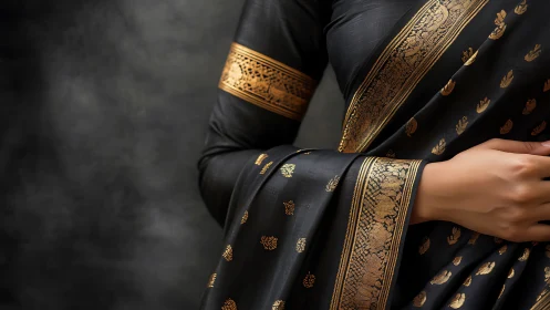Midnight silk sari whispers with molten gold embroidery glow.