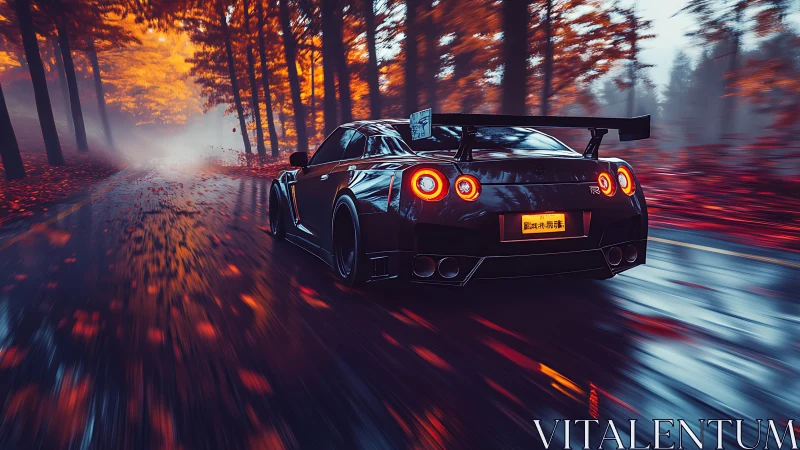 Widebody GT sports car on wet forest road in autumn haze