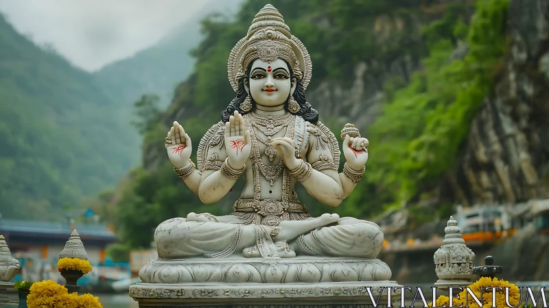 Marble Hindu deity sculpture sits serenely in misty valley