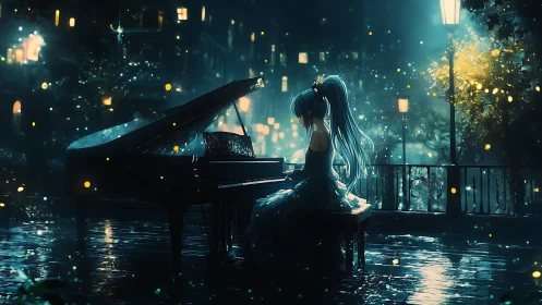 Girl with long blue hair plays piano on wet city balcony
