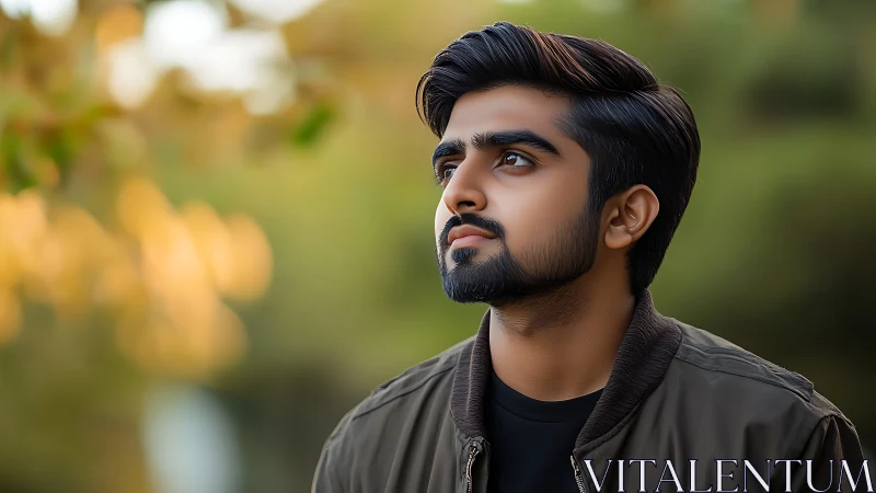 Young man in shallow-depth outdoor portrait studies soft bokeh