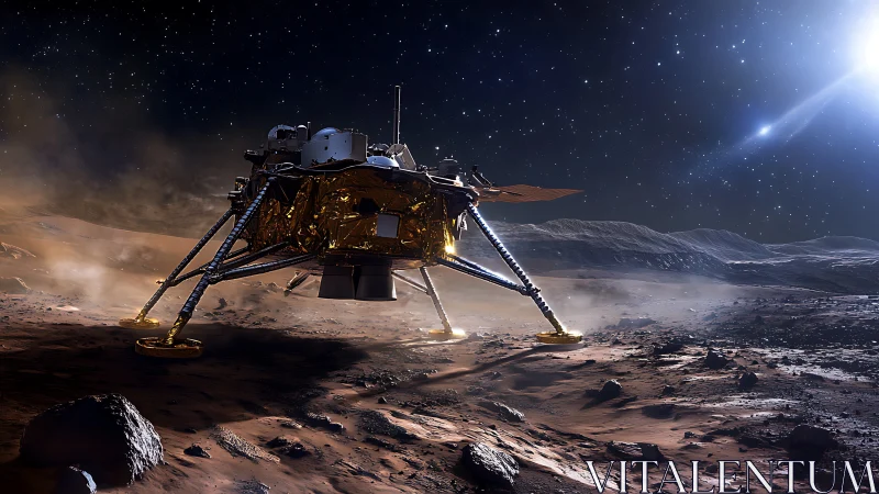 Photorealistic Mars lander under stellar backlight on regolith plain.