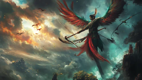 Winged warrior soaring through stormlit fantasy sky.