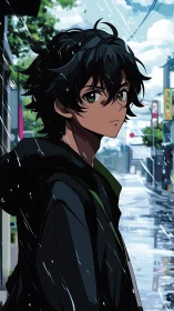 Green eyed anime boy walking alone on rainy city street.