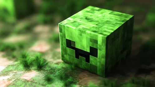 Green voxel creature cube rests on shallow depth field ground