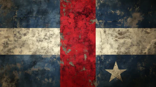 Weathered tricolor flag with star and heavy surface wear.