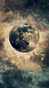 Luminous moon sphere hangs over swirling nebula storm.