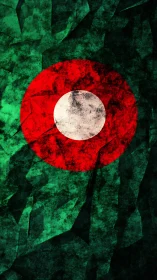 Textured circular emblem on fractured green background.