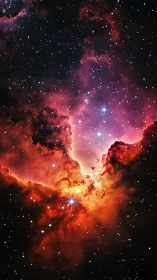 Vibrant red nebula with bright blue stars at its core.