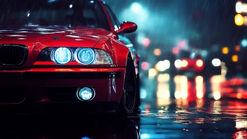 Red sports coupe with neon headlights on rainy city street.
