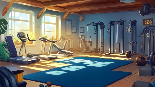 Sunlit loft gym sanctuary with calm morning workout hush.