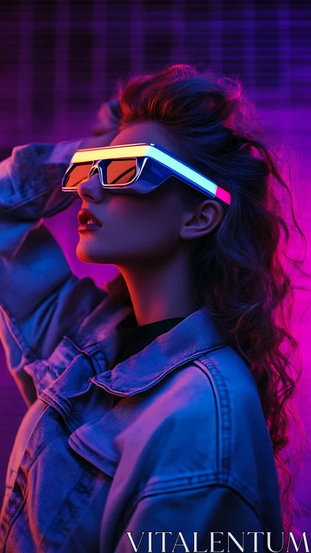 Woman in neon visor glasses under magenta and blue lighting.