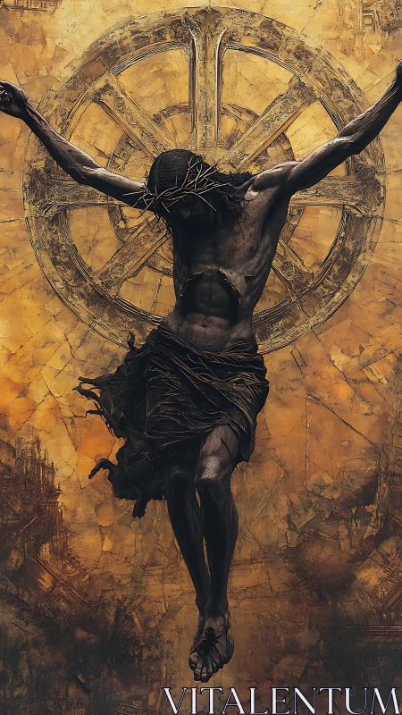 Crucified male figure before circular architectural form.