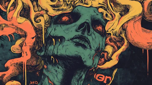 Medusa-like skull figure rendered with high-contrast colors