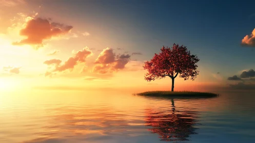 Solitary red-leaved tree stands on small island at sunset