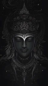 Divine monochrome deity portrait glows in celestial dark.