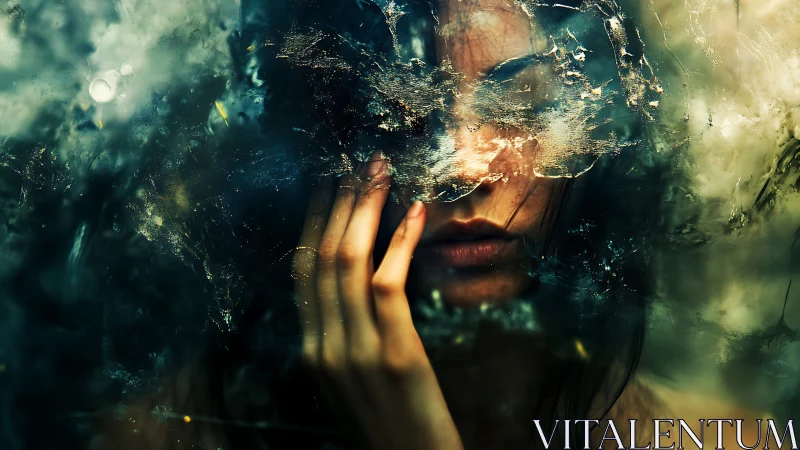 Softly hidden face rests behind misted, dreamlike glass veil