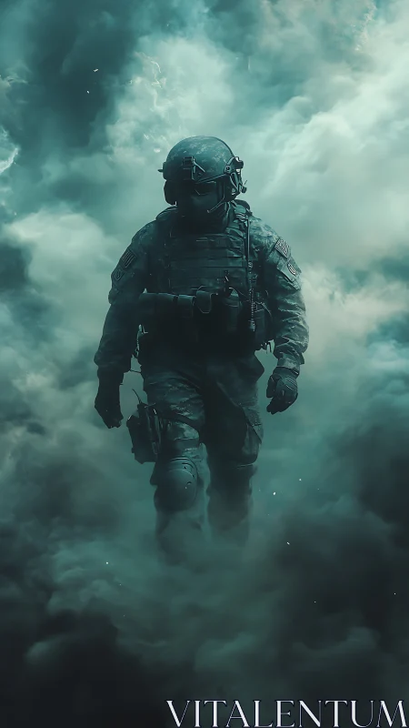 Armored soldier advancing through dense teal combat smoke.
