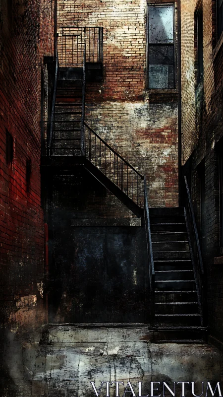 Rust-bitten fire escape climbs a forgotten brick canyon.