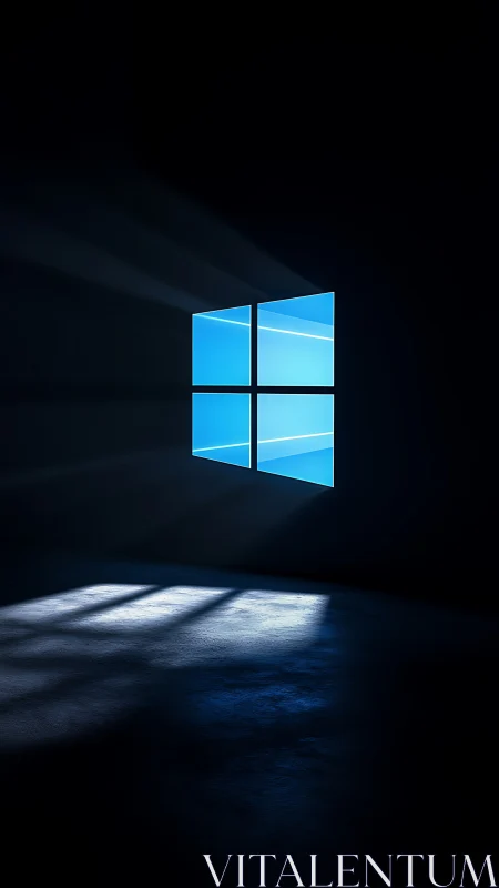 Luminescent blue window icon casting rays in darkness.