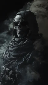 Hooded skeletal figure stands in smoke with tactical gear