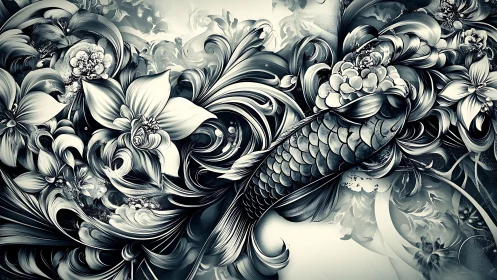 Monochrome koi interwoven with baroque floral turbulence and curls