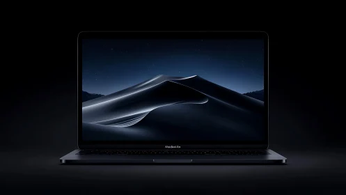Midnight laptop cradles a luminous dune under starry calm