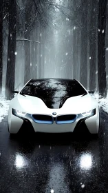 Snow-drenched forest runway meets electric predator coupe.