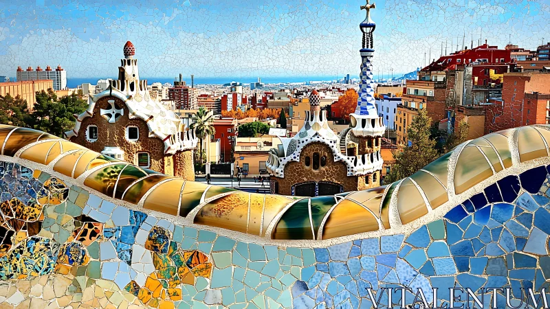 Mosaic cityscape of Park Güell with rhythmic architectural curves.