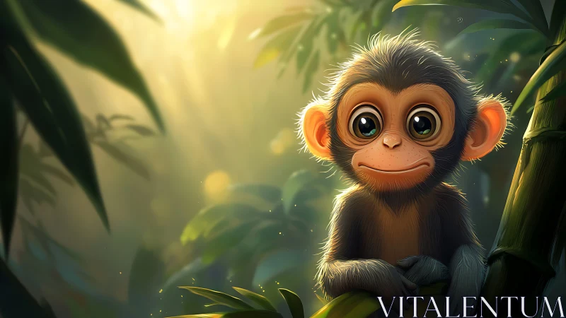 Juvenile monkey rendered in luminous stylized jungle lighting
