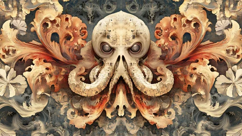 Baroque cephalopod skull motif with symmetrical swirling foliage