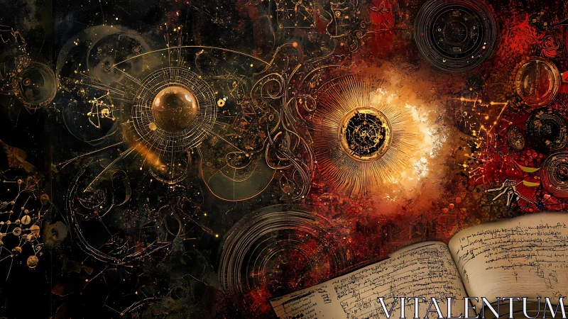 Esoteric astronomical diagram with luminous orreries and alchemical script